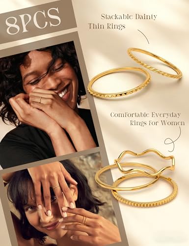 THUNARAZ 8Pcs 1mm Stainless Steel Rings for Women Men Fashion Plain Band Knuckle Stacking Midi Thumb Dainty Thin Rings Set Size 5-10 Silver Gold Tone - color: Gold