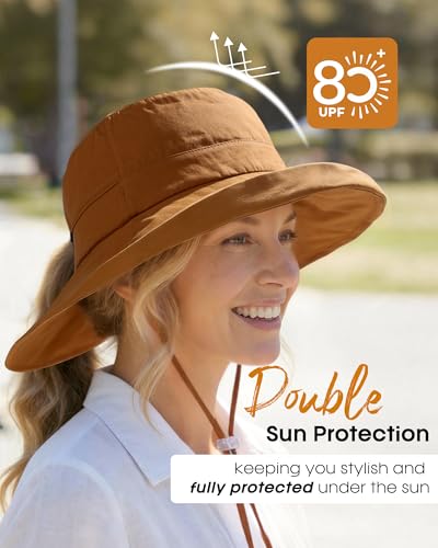 FURTALK Sun Hats for Women Wide Brim Ponytail Beach Sun Protection Hat with Fold-Up Brim Bucket Hat - color: Brown