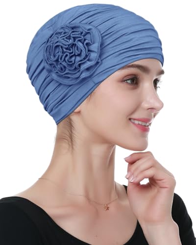 Alnorm Flower Design Chemo Hair Loss Caps Cancer Headwear for Women - color: Blue Fog