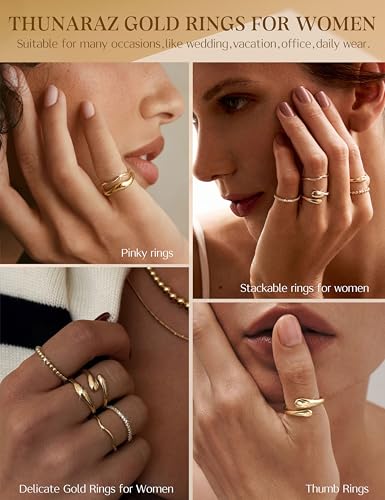 THUNARAZ 14K Gold Plated Rings for Women Non Tarnish Stackable Chunky Rings Cubic Zirconia Thumb Ring Set Dainty Trendy Statement Promise Wedding Bands Engagement Ring for Women Size 6-10 - color: Gold