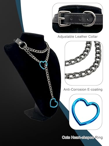 Black Leather Choker Collar For Women, Handmade Heart Slip Chain Choker Long Necklace with Adjustable Buckle - color: B-Black-Black-Blue, size: 18''chain