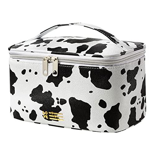 Meiyuuo Makeup Bag Large Cosmetic Bags for Women Girls Cute Travel Zipper Pouch Toiletry Organizer for Beauty Essentials Waterproof (Cow Print) - color: Print Cow Spots