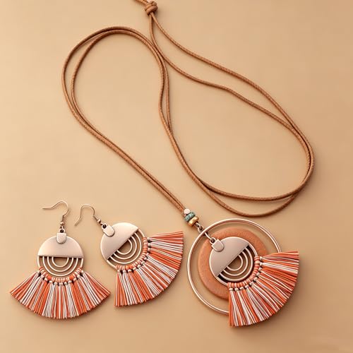 Wooden Leather Necklaces Set Bohemian Wood Stack Discs Long Chain Hemp Rope Bronze Plated Pendant Ethnic Tribal Fall Leaf Earrings Jewelry Statement Necklace - color: R-034