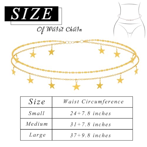 ELABEST Layered Gold Belly Chain 14K Plated Waist Chian Adjustable Sexy Waist Jewelry for Women - size: M(31inch+7.8inch), style: C