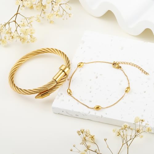 2PCS 18K Gold Plated Nail Bangle & Chain Bracelet Set for Women, Adjustable Stackable Bangle Jewelry, Dainty Gold Bracelet Gift for Women - color: Set E