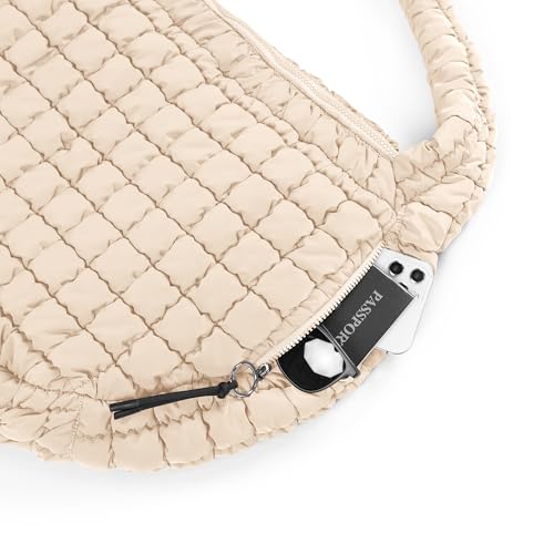 ODODOS Quilted Carryall Tote Bag for Women Crossbody Hobo Lightweight Padding Shoulder Bag - color: Ivory