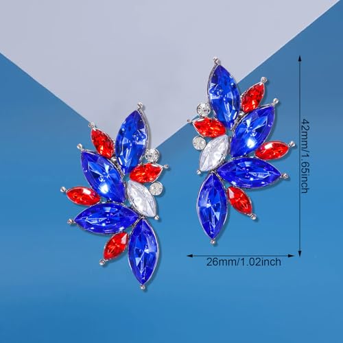 Bohemian Statement Sparkly Colourful Fancy Rhinestone Crystal Flower Dangle Drop Stud Earrings Vintage Wedding Bridal Prom Earrings for Women - color: Red Blue