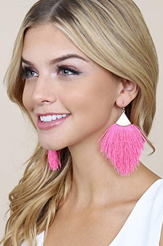 Bohemian Silky Thread Fan Fringe Tassel Statement Earrings - Lightweight Strand Feather Shape Dangles - color: Feather Fringe - Hot Pink