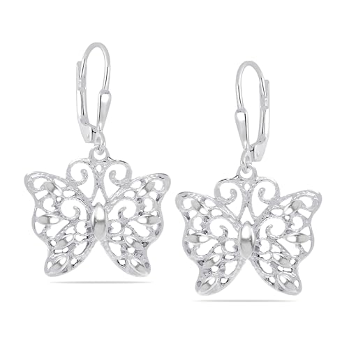 LeCalla 925 Sterling Silver Leverback Drop Earrings | Lightweight Italian Teardrop Dangle Earring for Women - color: Butterfly Filigree Drop