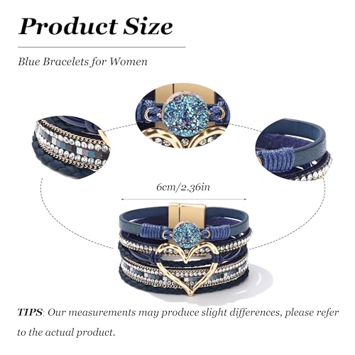 Long tiantian Leather Bracelets for Women Men Heart Wrap Bracelets Western Jewelry Cowgirl Outfits Birthday Gifts for Her - color: D3:blue leather bracelet