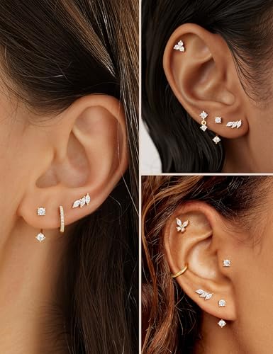 M MOOHAM Flat Back Earrings Stack for Women, Hypoallergenic 14K Gold-Plated Flatback Stud Hoop Cartilage Earring Set Trendy Multiple Conch Tragus Helix Piercing Jewelry Gifts