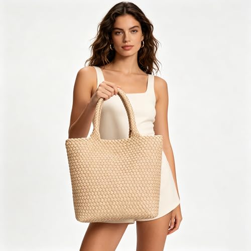 BAGOK Woven Tote Bag for Women, Handwoven Vegan Leather Shoulder Bag with Clutch, Large Tote for Work, Travel & Beach - color: Apricot