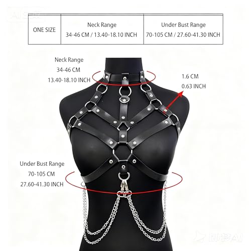 Black Leather Harness for Women, Punk Body Chest Harness with Chains, Adjustable Strappy Cage Bra Top for Rave Festival Clubwear - style: Punk