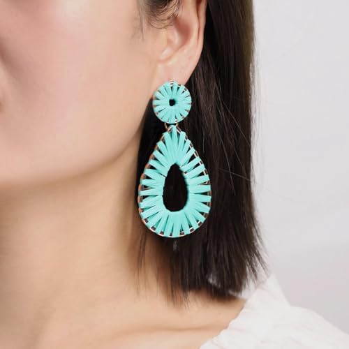 Raffia Teardrop Dangle Earrings Handmad Statement Drop Earrings - color: Turquoise