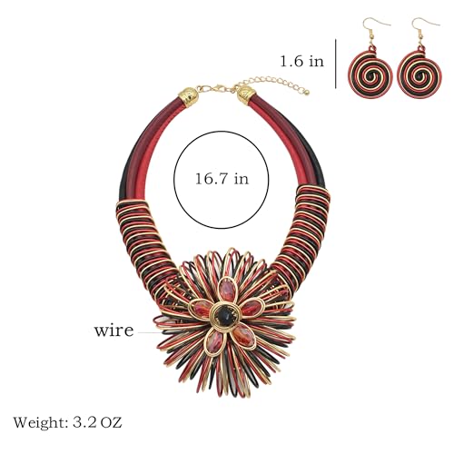 Statement African Necklace For Women African Jewelry Costume Earring Sets Tribal Fashion Colorful Big Rhinestone Crystal Pendent Collar Choker Bold Chunky Bib Handmade - color: Flower red