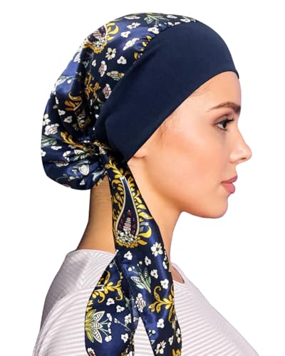 Chemo Headwear for Women Head Scarf Headwraps Silky Soft Turbans for Women Cancer Hats Chemo Beanie Coverings Scarves - color: C Blue Floral Pattern 4