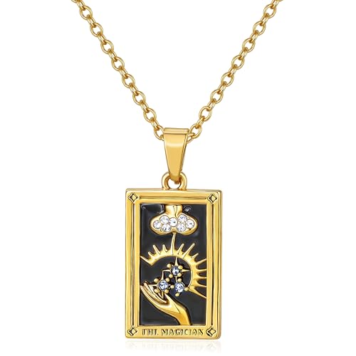 Gold Tarot Card Necklace for Women Men, Non Tarnish 18K Gold Plated Vintage Lucky Charm Square Pendant Talisman Amulet Necklaces Unisex Jewelry - style: The Magician