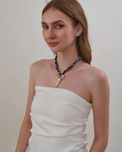 Gold Fish Necklace For Women Blued Beaded Strand Toggle Necklace With Gold Fish Pendants Dainty Summer Beach Turquoise Jewelry - style: Scarf Strand
