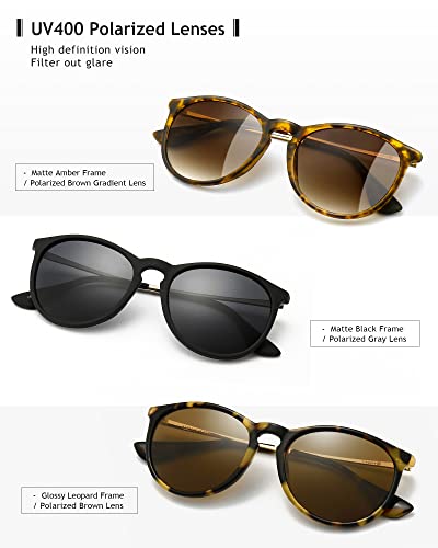 SUNGAIT Premium Vintage Round Sunglasses for Women Men Classic Retro Trendy Style - color: 3 Pack (Polarized): Matte Amber/Brown Gradient+matte Black/Gray+glossy Leopard/Brown