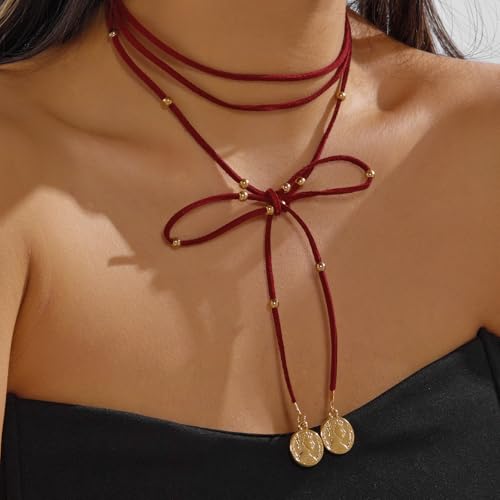 Stagecoach Festival Outfits for Women Boho Leather Necklace with Coin Pendants Long Cowgirl Western Jewelry for Women Country Concert Outfits Accessories - color: A3：red