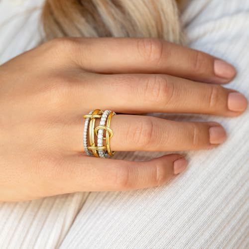 Gold Stackable Rings for Women Non Tarnish, 18k Gold Plated Cubic Zirconia Rings, Exquisite Silver Gold Multi Ring Mixed Metals Stack Jewelry Set Size 6-10 - color: 4PCS, size: 6
