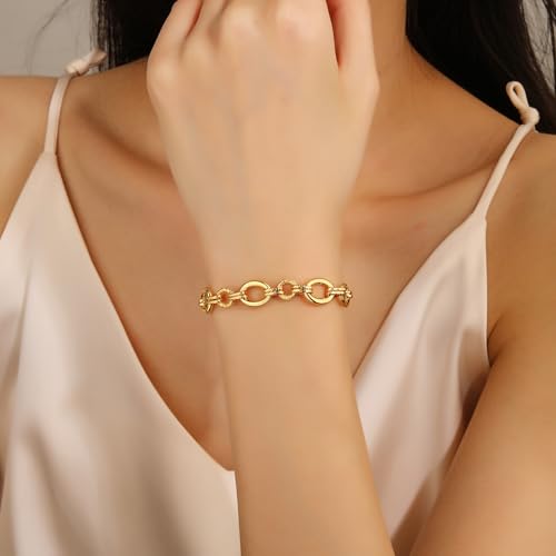 Fashion 18K Gold-Plated Wide Women's Chain Bracelet with Large and Small O-Shaped Links | Exquisite Layered Women's Gold Chain Bracelet