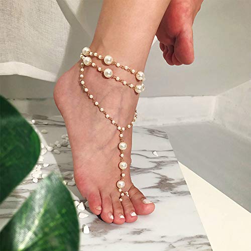 Aimimier Bohemian Anklet with Toe Ring Beach Wedding Beaded Barefoot Sandals Boho Ankle Bracelet for Women