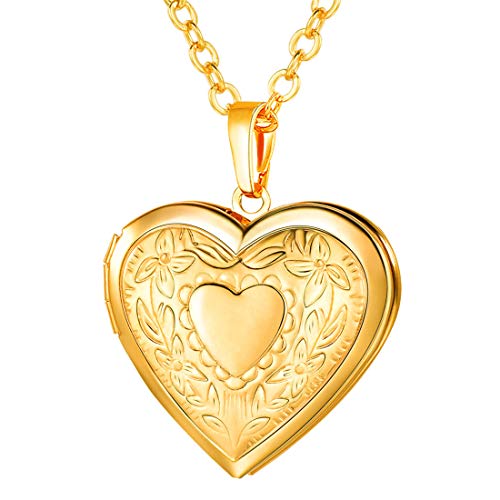 U7 Women Locket Necklace Platinum 14K Gold Photo Lockets that Hold Picture,Chain 20 Inch Personalized Gift Custom Love Heart Image Necklaces - color: gold