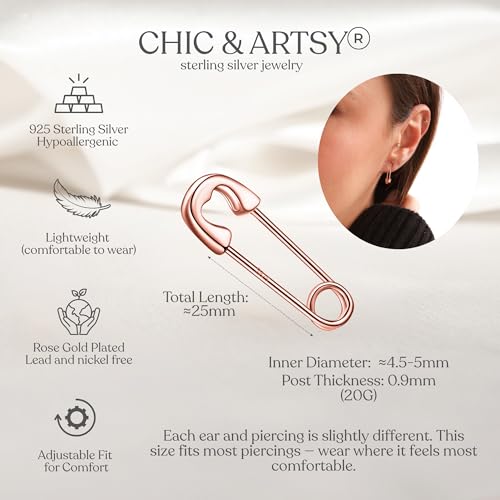 CHIC & ARTSY 925 Sterling Silver Safety Pin Earrings - Lightweight Comfortable Punk Paperclip Cartilage Hoop Earrings, Trendy Industrial Style Jewellery for Women and Men - color: Rose-Small Heart