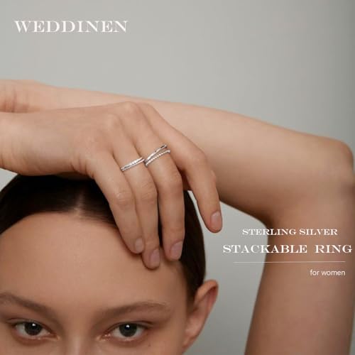 WEDDINEN 4PC Gold Rings for Women, S925 Sterling Silver 14k Gold Filled Plated Stackable Thin Thumb Ring Set Cubic Zirconia Dainty Stack Gold Knuckle Rings Set Size 6-10 - color: Silver, size: 7