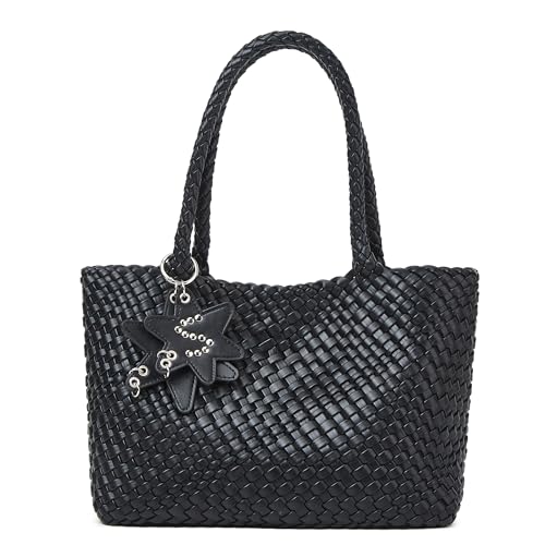 Woven Tote Bag for Women with Purse, Fashion Shoulder Hobo Underarm Bags, Large Woven Handmade Work Commuter Day Bags - color: Black