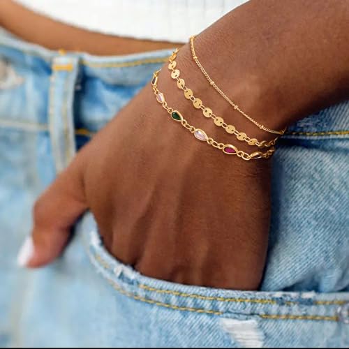 Dremmy Studios Gold Bracelet for Women 18K Gold Plated Dainty Paperclip Cubic Zirconia Disc Coin Star Cable Satellite Bead Pearl Simple Boho Minimalist Stacking Layered Link Jewelry Gift - color: CZ Rainbow