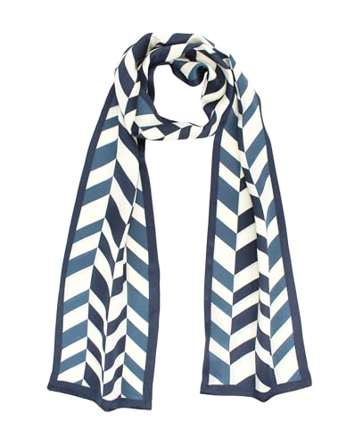 ANDANTINO 100% Silk Scarf for Women 59”*6.3” Long Shawls for Headscarf and Neck- Oblong Hair Wraps with Gift Packed - color: White&blue Geometry