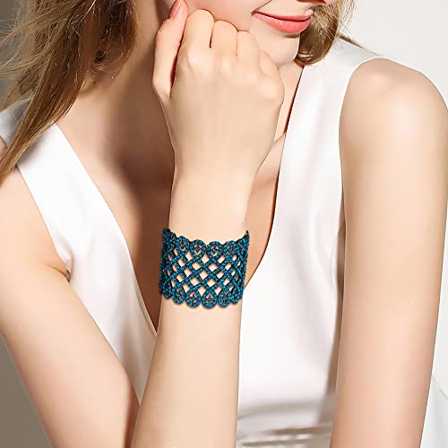 EVER FAITH Art Deco Love Knot Wide Stretch Bridal Bracelet Austrian Crystal - color: Blue Topaz Color Black-Tone