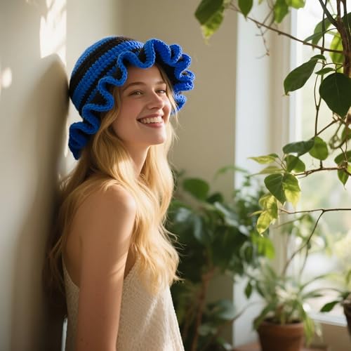 Handmade Crochet Bucket Hat for Women Boho Chic Slouchy Design Colorblock Ruffled Brim Festival&Daily Crochet Hat - color: Black and Blue Stripe