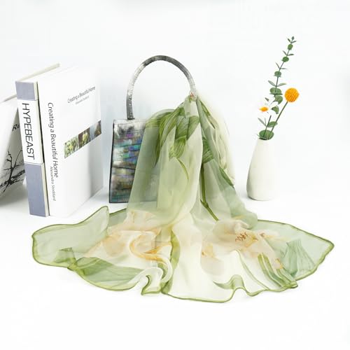 E-Clover Unique Fashion Women's Scarf Chiffon Sheer Scarves for Women Lightweight - color: Green Flowers-03