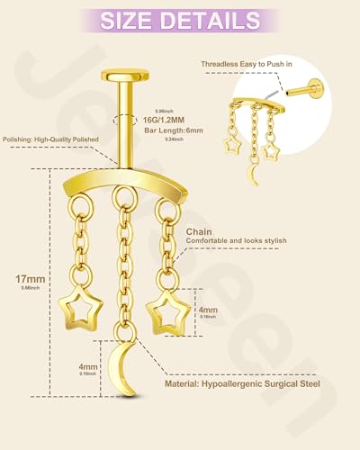 Crescent Moon Star Chain Vertical Hidden Helix Stud Earrings Dangle 316L Stainless Steel Flat Back Threadless Push-Pin Cartilage Rook Piercing Jewelry - color: gold
