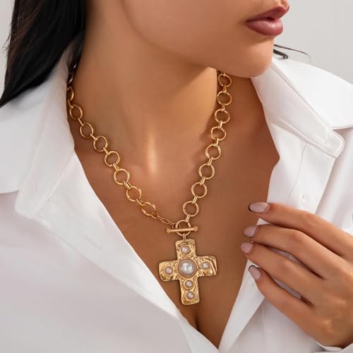 Chunky Cross Necklace for Women Chunky Gold Necklace Statement Cross Pendant Vintage Toggle Clasp Necklace Jewelry for Women - color: C1-Gold Cross Necklace