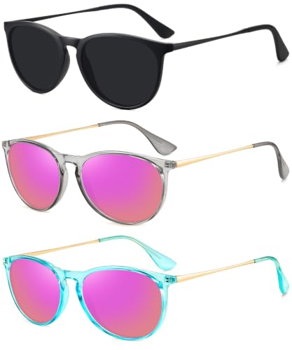 WOWSUN Retro Polarized Sunglasses Womens Trendy Round Classic Glasses - color: Black+ Transparent Blue Frame Purple-pink Mirrored + Transparent Gray Frame Purple Pink Mirrored