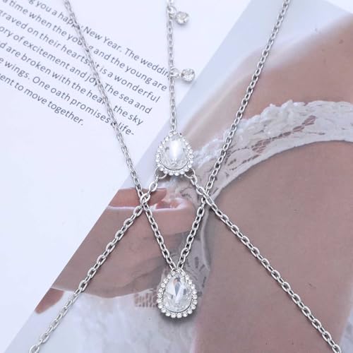 Wedding Back Necklace for Backless Dress Gold Silver Cz Bridal Backdrop Necklace Choker Rhinestone Teardrop Brides Back Body Chain Sparkly Crystal Diamond Long Drop Y Lariat Pendant Bridesmaid Women - color: Silver