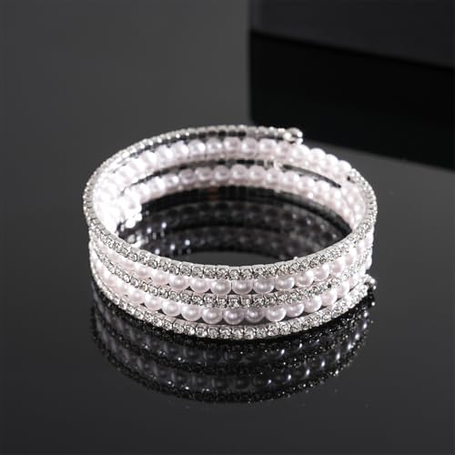 Silver Pearl Bracelet for Women Sparkly Stretch Rhinestone and Pearls Bangle Cuff Adjustable Faux Diamond CZ Bracelets Bling Wedding Costume Jewelry - color: Silver-5Row