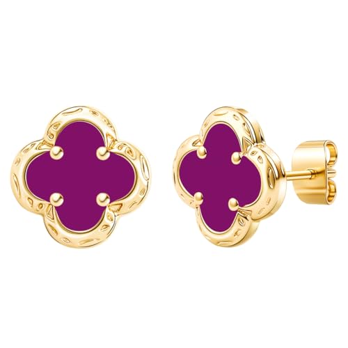 Elegant Black Onyx Clover Stud Earrings, 14K Gold Plated Four Leaf Hypoallergeinc Stud Stainless Steel Flower Earring Lucky Simple Jewelry Gift for Women Shiny Multiple Onyx Colors - color: Purple Clover Stud Earrings