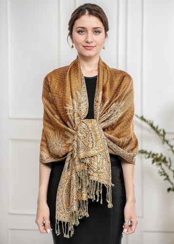 Achillea Reversible Paisley Pashmina Rave Scarf – Exotic Indian Shawls and Wraps for Evening Dresses, Festivals, All Seasons - color: Big Paisley Golden Brown