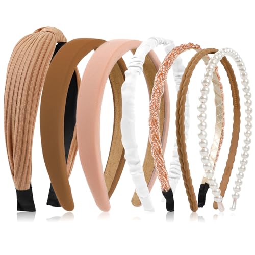 7 Pcs Headbands for Women Non Slip Headband Brown Knotted Headband for Women Pearl Headbands Different Fashion Headbands Hair Accessories - color: Brown