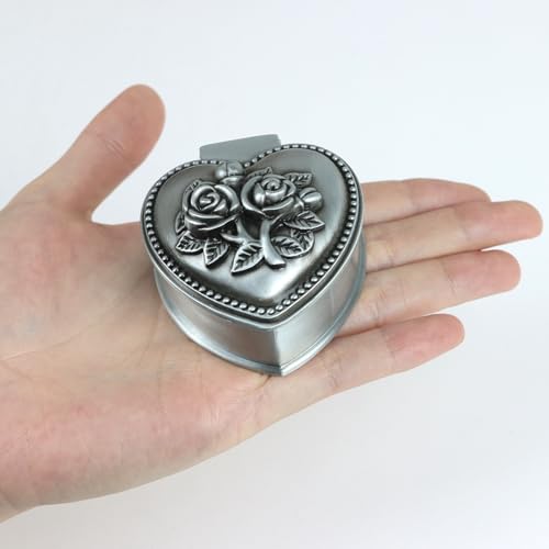 Vintage Metal Trinket Jewelry Box, Small Heart Shape Jewelry Organizer Rose Flower Sunflower Antique Treasure Chest Ring Holder, Earrings Necklace Storage Box Keepsake Box for Women (Heart-Rose) - style: Heart-Rose
