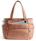 Tote Bag for Women with Zipper, Quilted Puffer Tote Bag with Compartments, Lightweight Puffy Work Bags for Women Travel - color: Pecan Brown