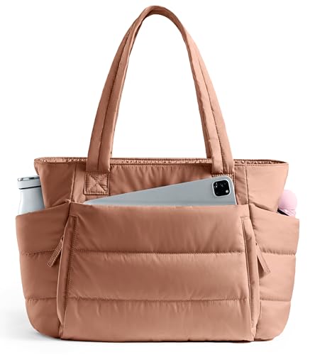 Tote Bag for Women with Zipper, Quilted Puffer Tote Bag with Compartments, Lightweight Puffy Work Bags for Women Travel - color: Pecan Brown