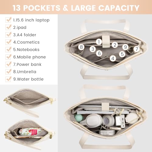 LOVEVOOK Laptop Bag for Women 15.6 inch,Diamond Quilted Work Women Laptops Tote Computer Shoulder Bag,Stylish Travel Tote Bags Purse Briefcase Case Handbag with Clutch Bags,Off-white - color: Off-white(quilted), size: 15.6 Inch