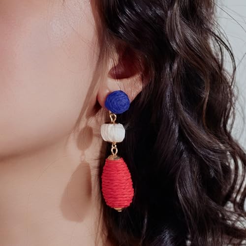 Boho Raffia Earrings Statement Dangle Earrings Cute Teardrop Ball Earrings Colorful Summer Jewelry Handmade Rattan Earrings for Women - color: Red/White/Blue