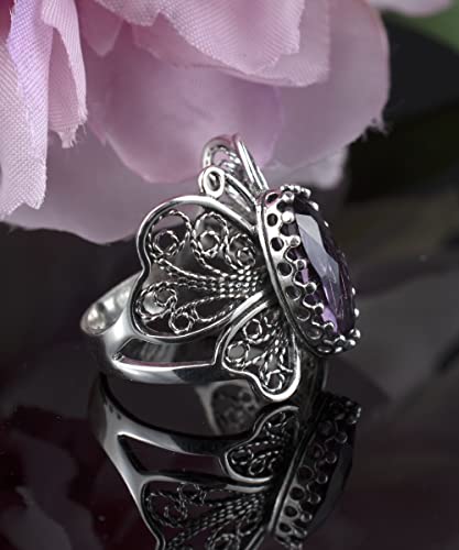 Filigranist Sterling Silver Filigree Art Butterfly Women Cocktail Ring with Gemstones - color: Amethyst